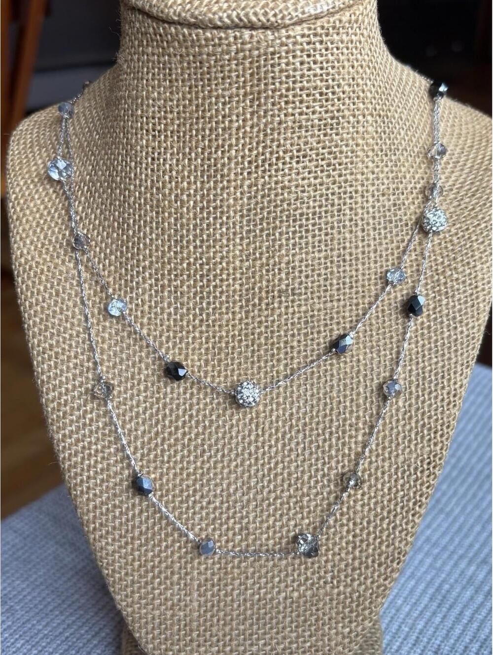 Silver Tone Station Necklace Faceted Crystal Beads Long Adjustable